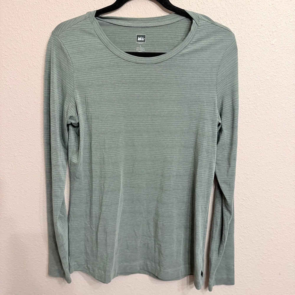 REI Womens Large Sage Green Textured Stripe Long Sleeve T-Shirt Base Layer